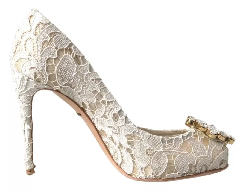 Affordable Rhinestone Pumps for a Dazzling Look---White Taormina Lace Crystal Heels Pumps Shoes