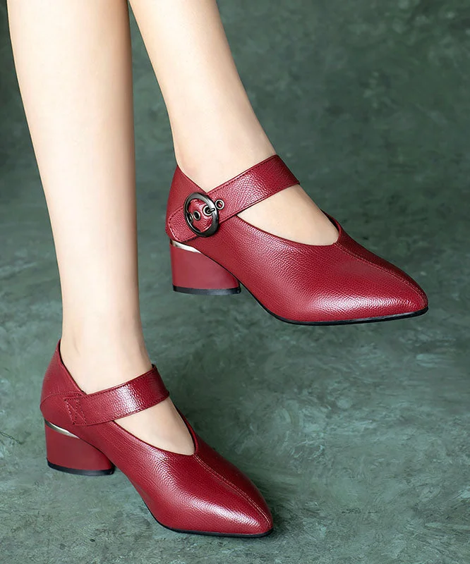 Stiletto Heel Pumps with Perfect Fit--Wine Red Buckle Strap Splicing Chunky Heel Faux Leather Pointed Toe-Fashionable & Classic