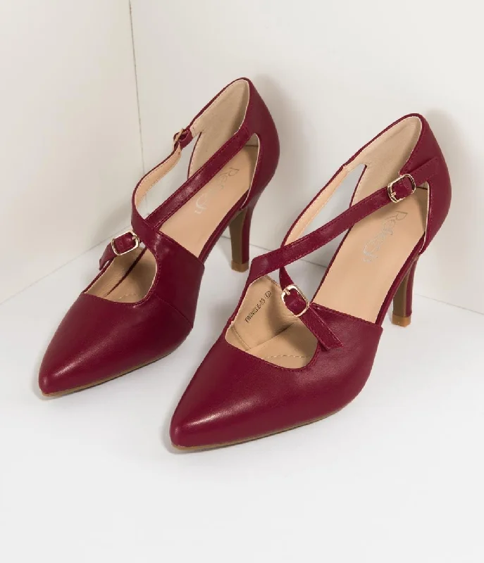 Stiletto Heel Pumps with Perfect Fit--Wine Red Leatherette Cross Strap Pointed Toe Pumps-Fashionable & Classic