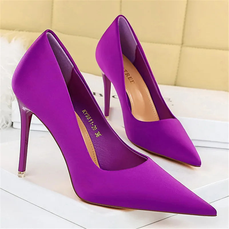 Versatile Dress Heels for Formal and Casual Wear---Women 7.5cm 10.5cm High Heels Scarpins Silk Pumps Lady Green Purple Red