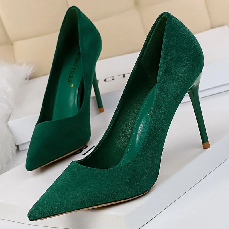 Versatile Dress Heels for Formal and Casual Wear---Women 9cm High Heels Pumps Stripper Flock Plus Size Escarpins Lady