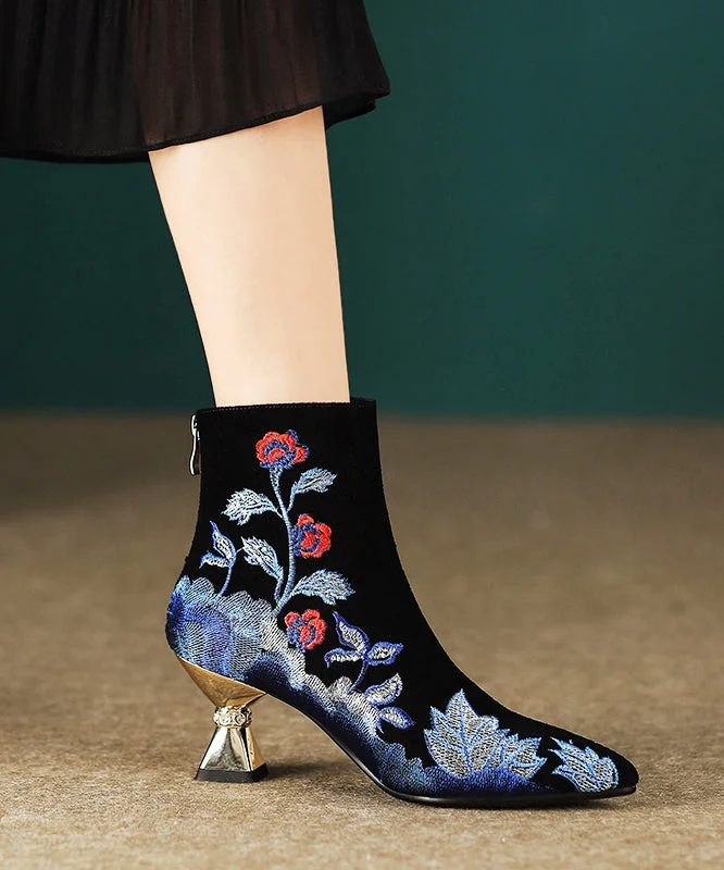 Affordable Suede Ankle Pumps for All-Day Wear--Women Black Embroidered Zippered Suede High Heels