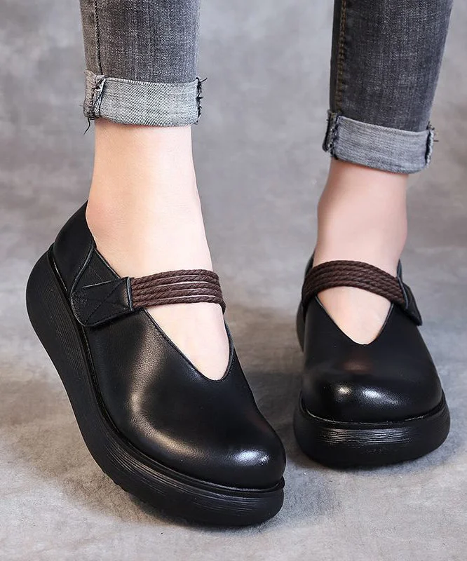 Women Buckle Strap High Wedge Heels Shoes Black Cowhide Leather---Comfortable Leather Pumps for Office and Everyday Wear