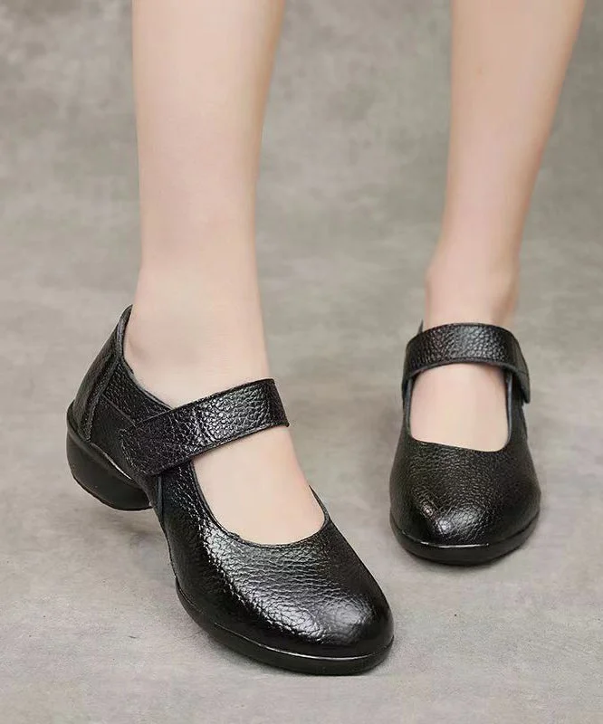 Women Buckle Strap Splicing Chunky Black Cowhide Leather Dance Shoes---Comfortable Leather Pumps for Office and Everyday Wear