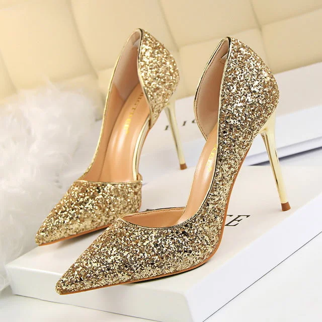 Women Pumps Wedding Shoes Bling Sexy High Heels Women Shoes Gold Fashion Glitter Ladies Shoes---Trendy Glitter Heels for a Glamorous Look