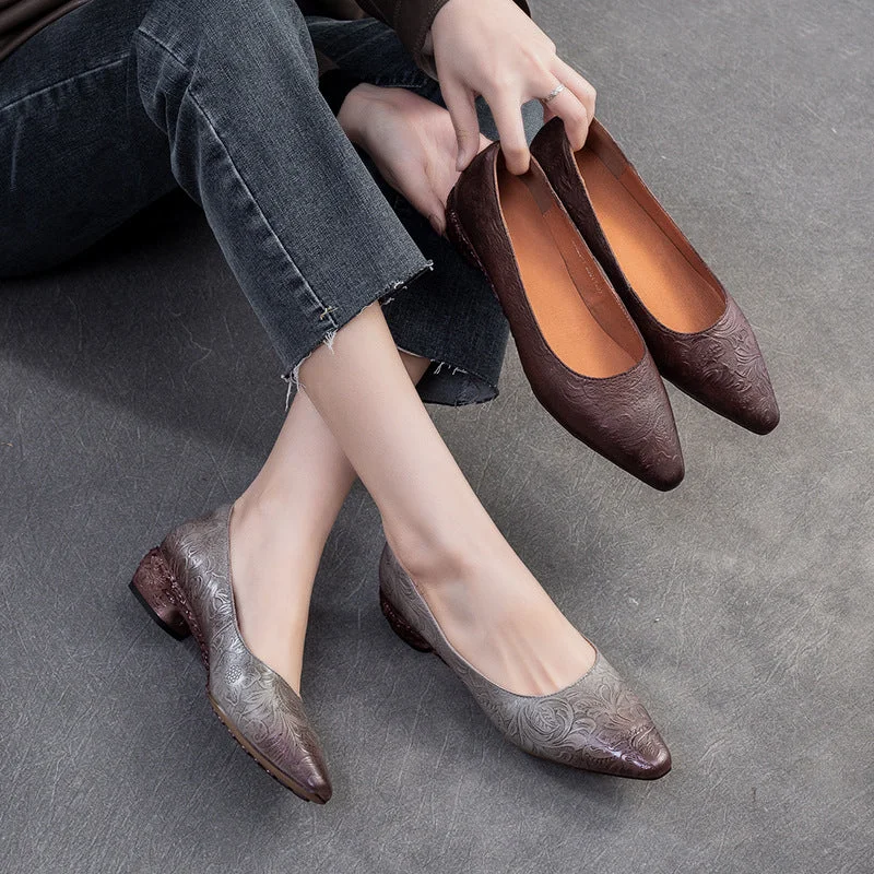 Women Retro Embossed Leather Chunky Heel Pumps Shoes---Comfortable Leather Pumps for Office and Everyday Wear