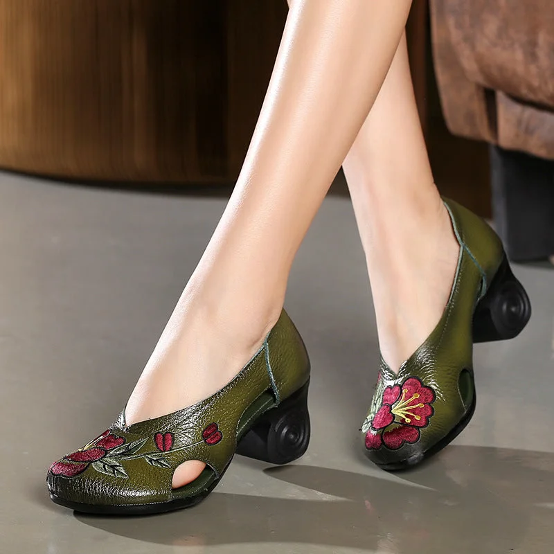 Women Retro Leather Flower Pumps---Comfortable Leather Pumps for Office and Everyday Wear