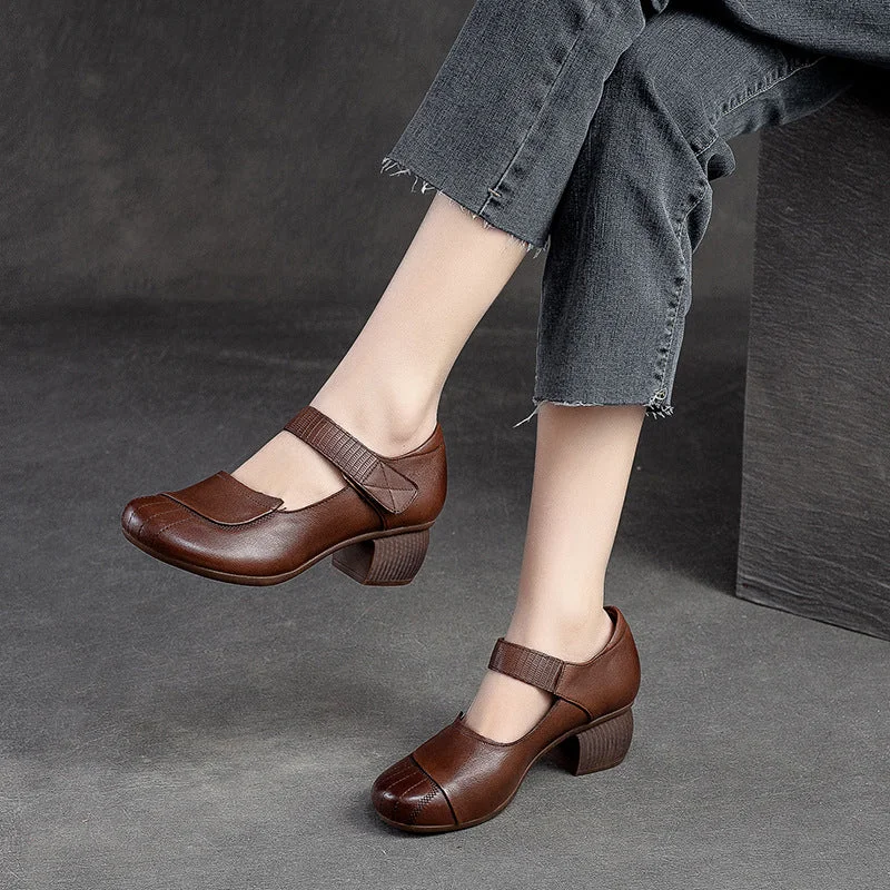 Women Retro Leather Velcro Chunky Heels Pumps---Comfortable Leather Pumps for Office and Everyday Wear