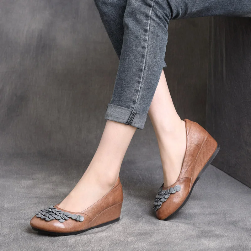 Women Retro Leather Wedge Pump---Comfortable Leather Pumps for Office and Everyday Wear