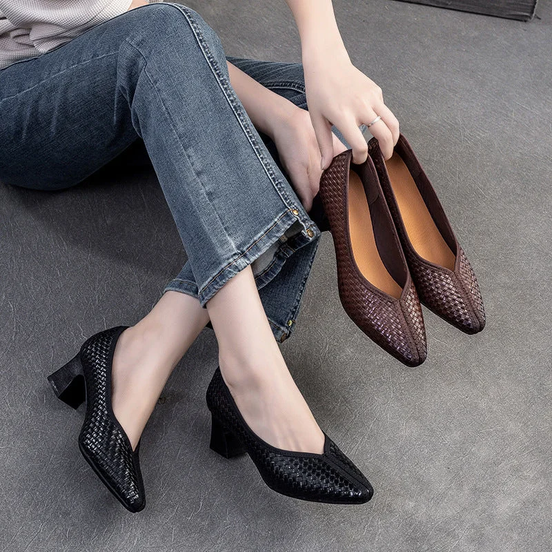 Women Retro Plaited Leather Chunky Heel Pumps---Comfortable Leather Pumps for Office and Everyday Wear