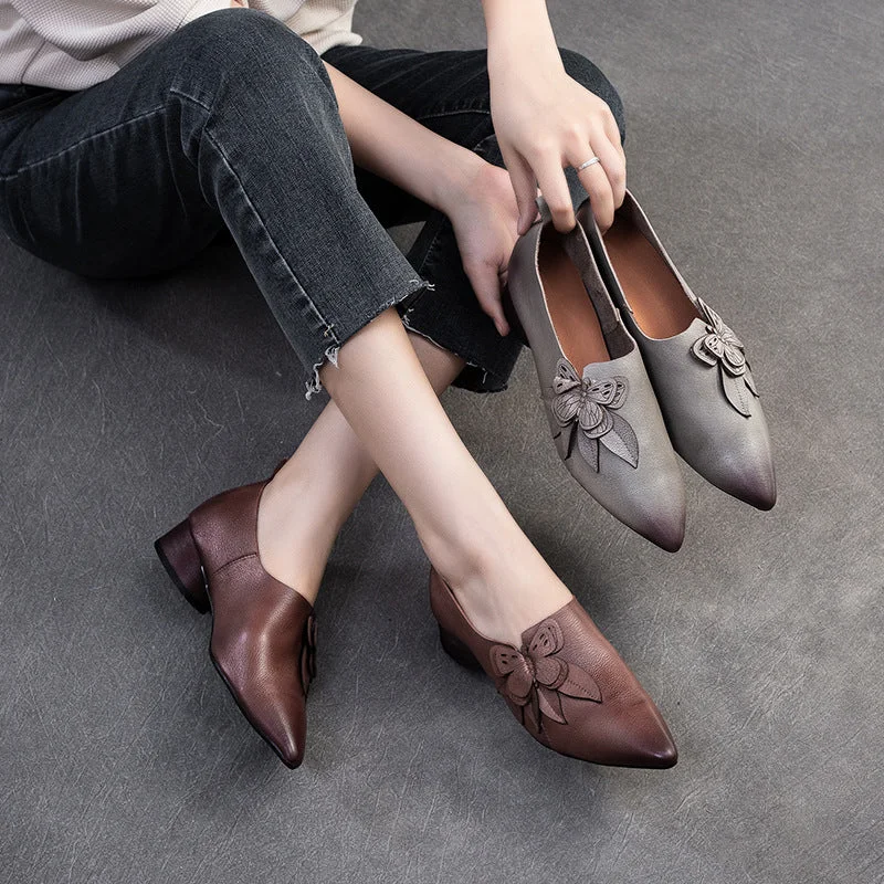 Women Retro Soft Leather Low Block Pumps---Comfortable Leather Pumps for Office and Everyday Wear