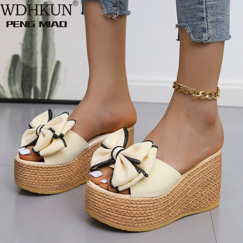 Trendy Chunky Heel Pumps for Casual Wear--Women Slippers Fashion Pee Toe Summer Shoes Butterfly-knot High Heels