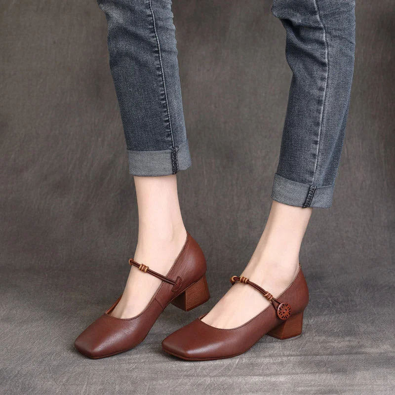 Women Solid Leather Square Head Pumps---Comfortable Leather Pumps for Office and Everyday Wear