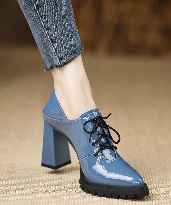 Women Splicing Cross Strap Chunky Blue Soft Cowhide Leather---Comfortable Leather Pumps for Office and Everyday Wear