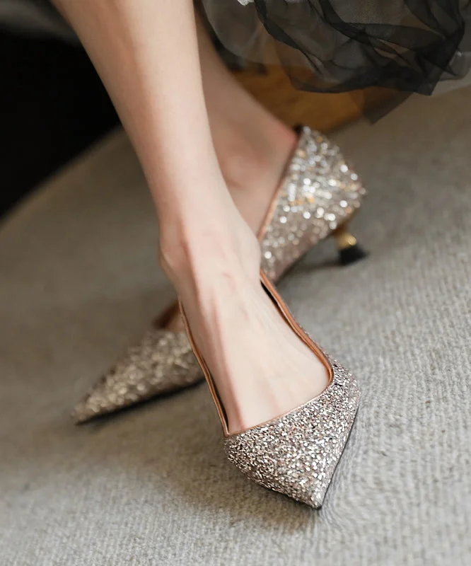 Stiletto Heel Pumps with Perfect Fit--Women Splicing Pointed Toe High Heels Gold Faux Leather Sequins-Fashionable & Classic