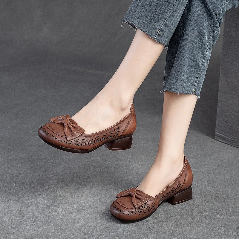 Women Summer Hollow Leather Low Chunky Heel Pumps---Comfortable Leather Pumps for Office and Everyday Wear