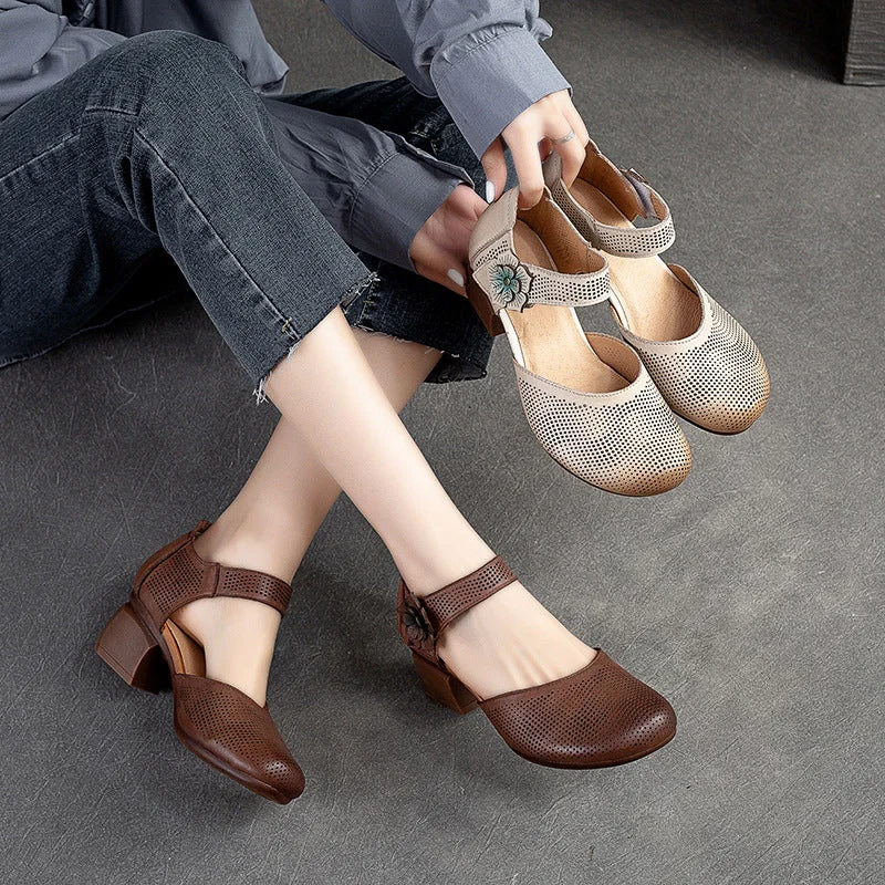 Women Summer Retro Velcro Leather Chunky Pumps---Comfortable Leather Pumps for Office and Everyday Wear