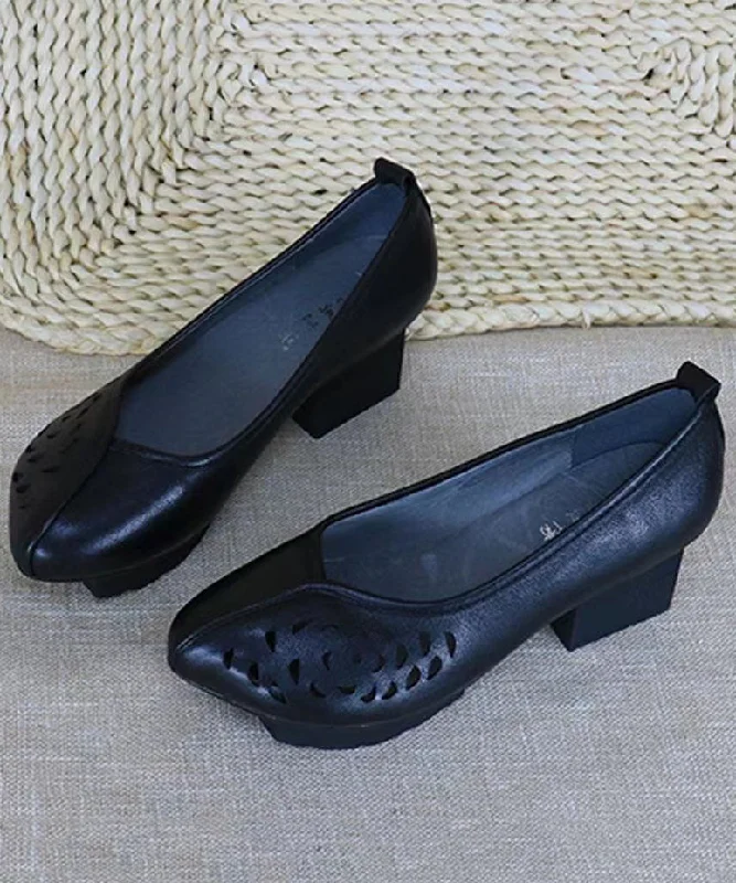 Women Vintage Chunky Heel Black Cowhide Leather Hollow Out---Comfortable Leather Pumps for Office and Everyday Wear