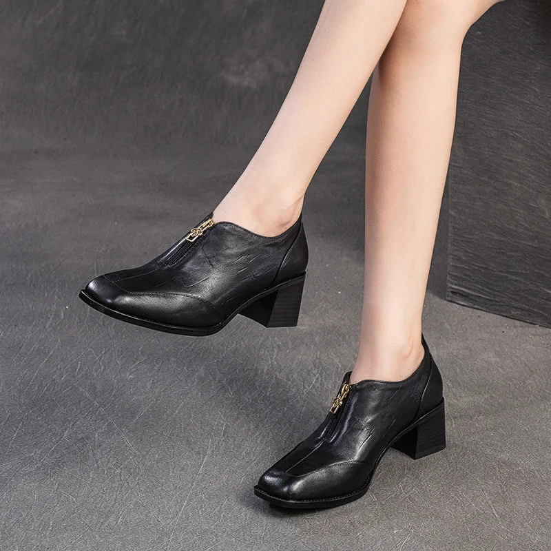 Women Vintage Leather Square Head Front Zipper Pumps---Comfortable Leather Pumps for Office and Everyday Wear