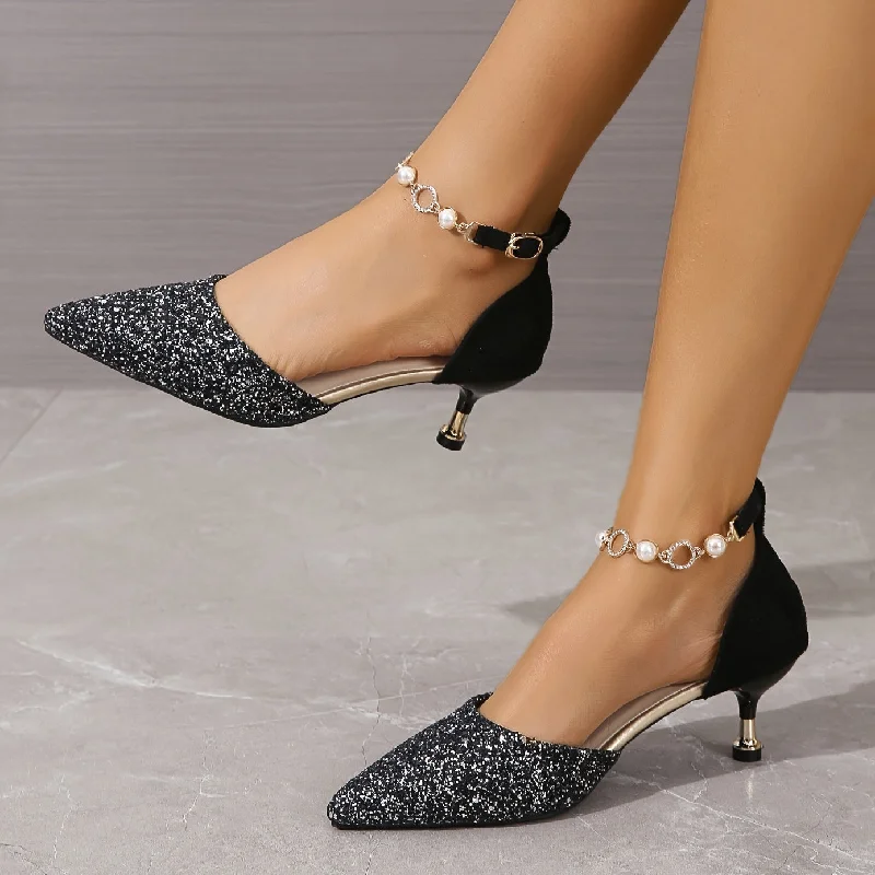 Stylish Ankle Strap Heels for Women--Women's Chain Ankle Strap High Heels Stiletto Heeled Sparkly Pointed Toe Pumps Dress Party Shoes