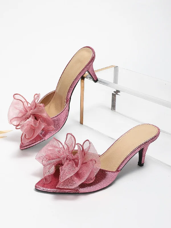 Women's Fashionable Fish Mouth High-Heeled Shoes With Mesh & Bow Decoration---Charming Bow Pumps for a Cute and Stylish Look