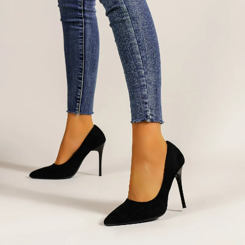 Affordable Suede Ankle Pumps for All-Day Wear--Women's High Heels Pointed Toe Stiletto Heel Black Suede Pumps