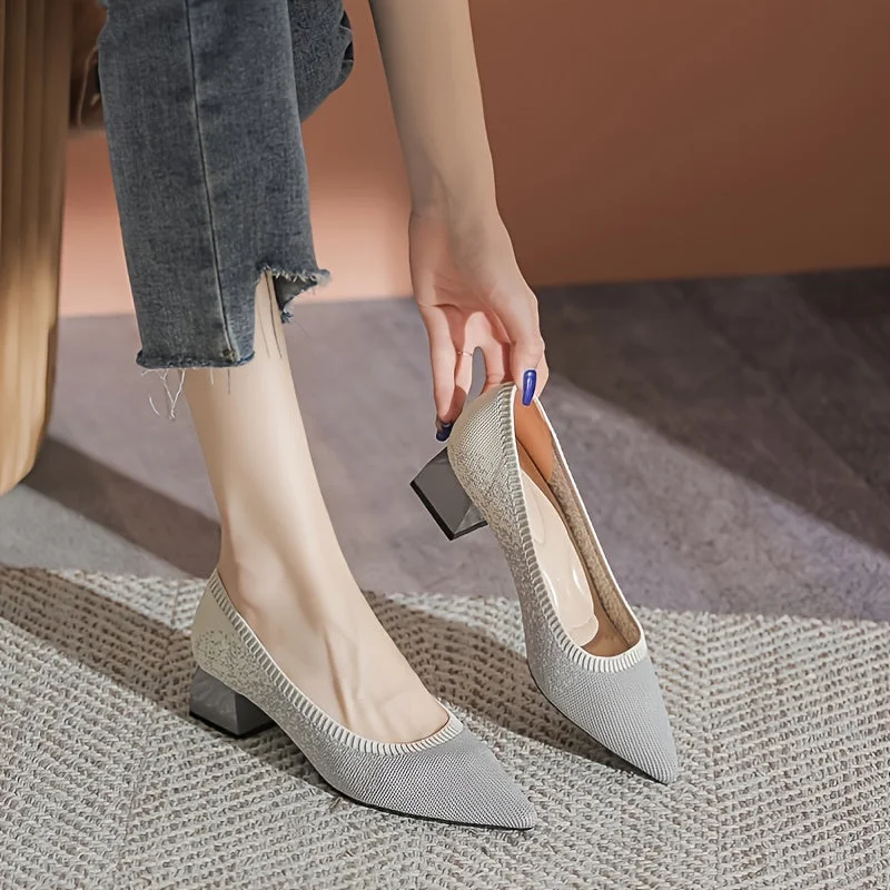 Stiletto Heel Pumps with Perfect Fit--Women's Knit Pointed Toe Pumps Shallow Mouth Chunky Heel Office Shoes-Fashionable & Classic