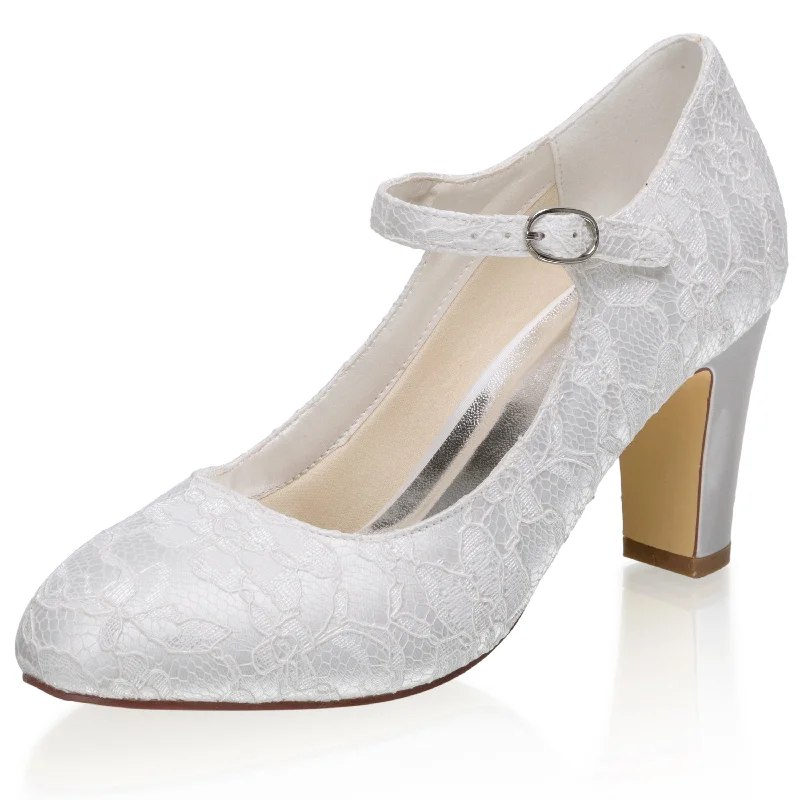 Women's Memory Foam Bridal Shoes Closed Toe 2.9'' Block Mid Heel Lace Satin Pumps Wedding Shoes