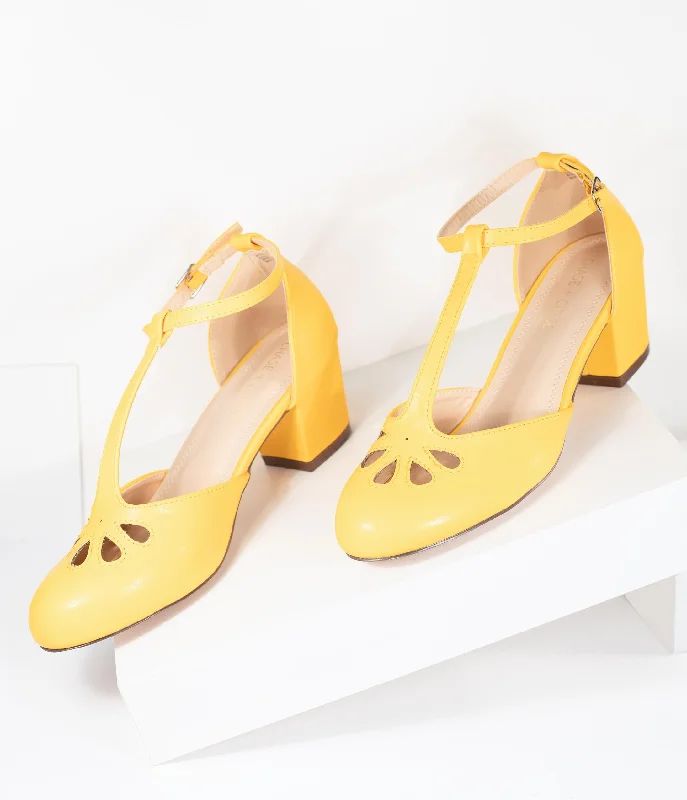 Yellow Leatherette Minny T-Strap Heels---Comfortable Leather Pumps for Office and Everyday Wear