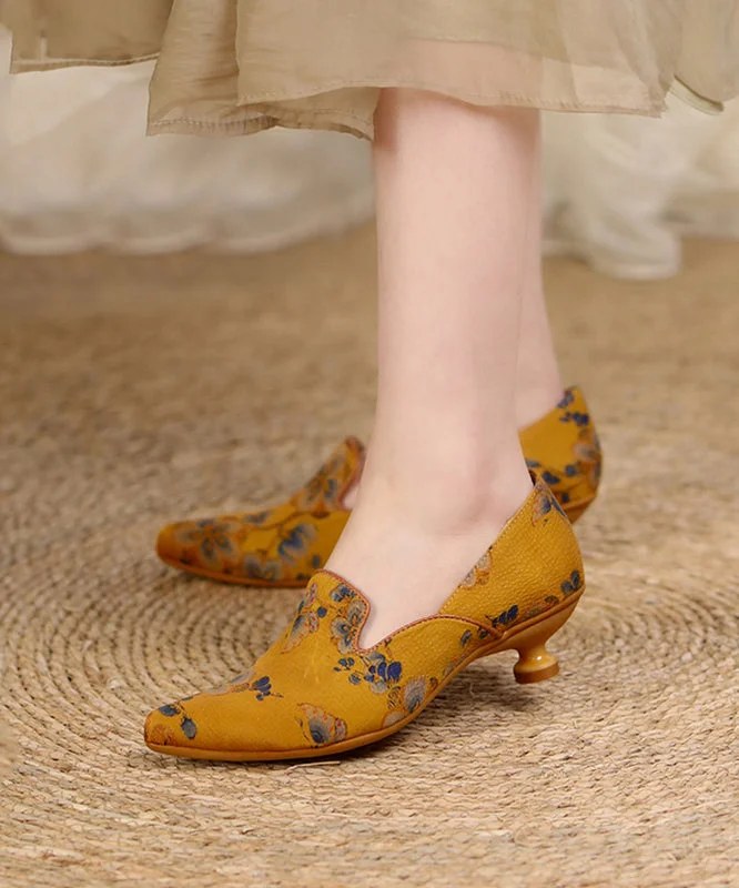 Stiletto Heel Pumps with Perfect Fit--Yellow Silk High Heels Retro Print Pointed Toe Splicing-Fashionable & Classic