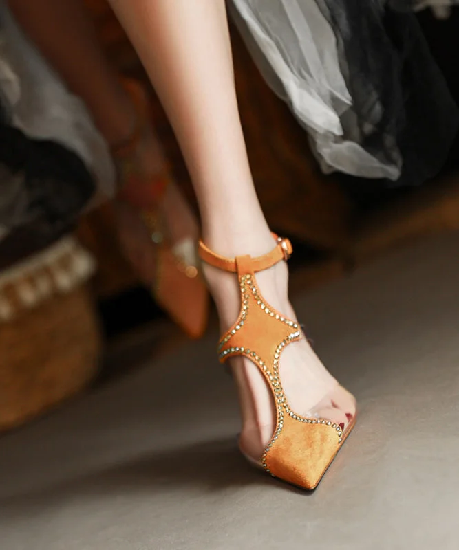 Affordable Suede Ankle Pumps for All-Day Wear--Yellow Stiletto Suede Women Classy Splicing Zircon Buckle Strap