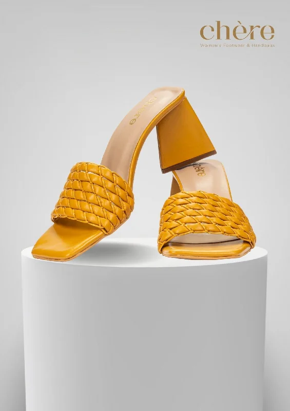 Trendy Chunky Heel Pumps for Casual Wear--Women's Yellow Weaving Strap Triangular Block Heels