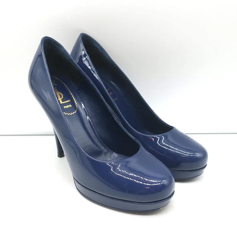 Sleek and Shiny Patent Pump Heels for a Polished Look--Yves Saint Laurent Platform Pumps Navy Patent Leather Size 37