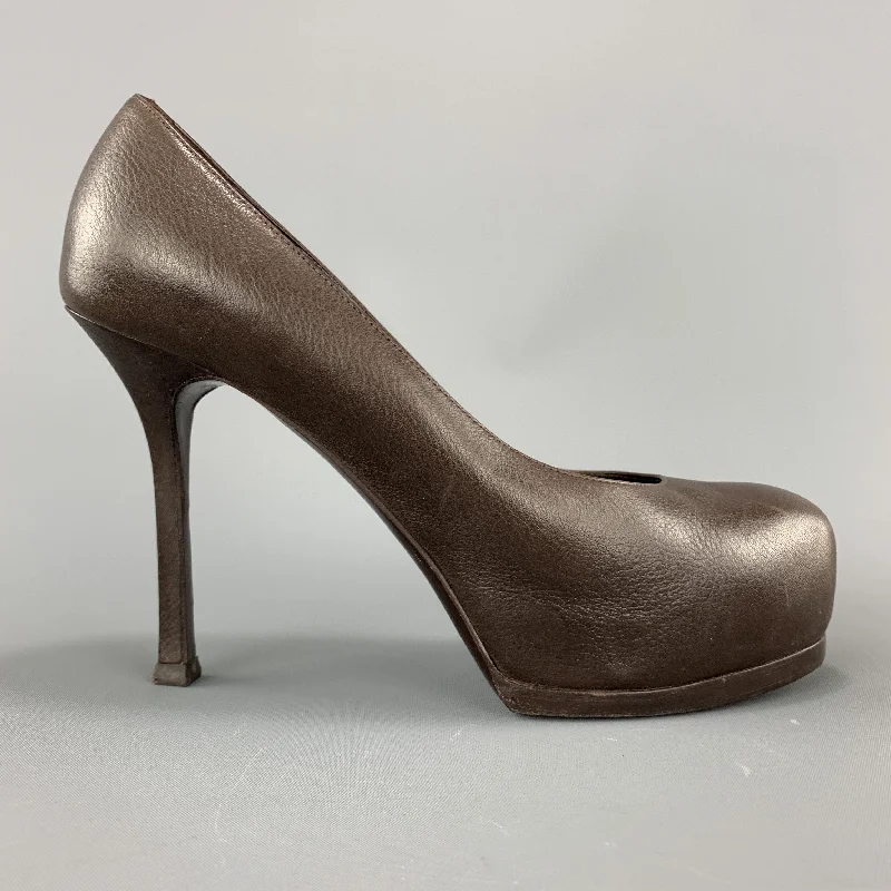 YVES SAINT LAURENT Size 6.5 Brown Leather TRIBUTE Platform Pumps---Comfortable Leather Pumps for Office and Everyday Wear