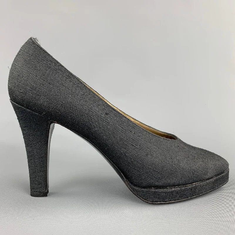 Stylish Platform Heels for Extra Height--YVES SAINT LAURENT Size 7 Black Textured Fabric Platform Pumps