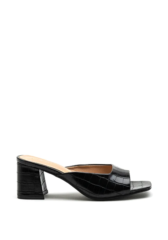 Versatile Heeled Sandals for Any Occasion---Zen Collection Faux Croc Print Shallow Mule, Black