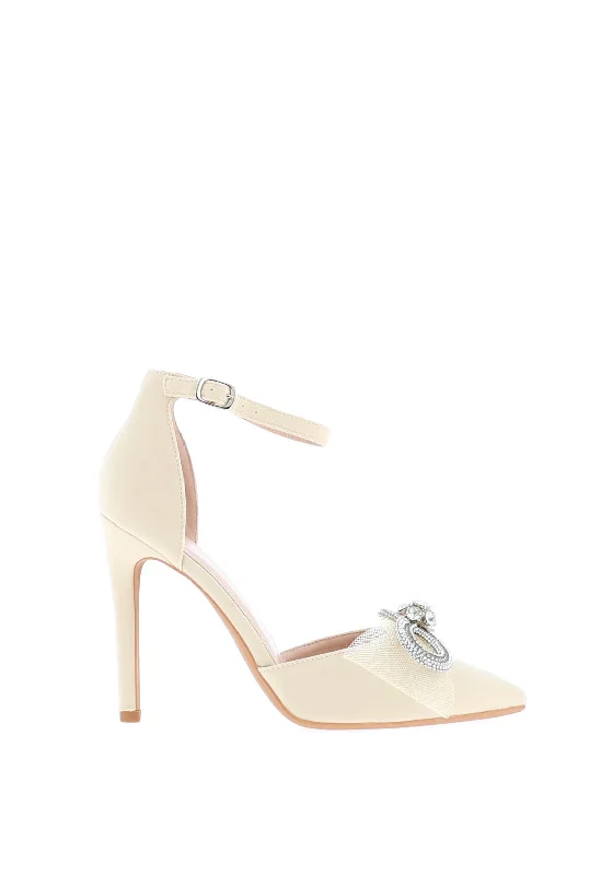 Zen Collection Diamante Mesh Bow Heeled Court Shoes, Beige---Charming Bow Pumps for a Cute and Stylish Look