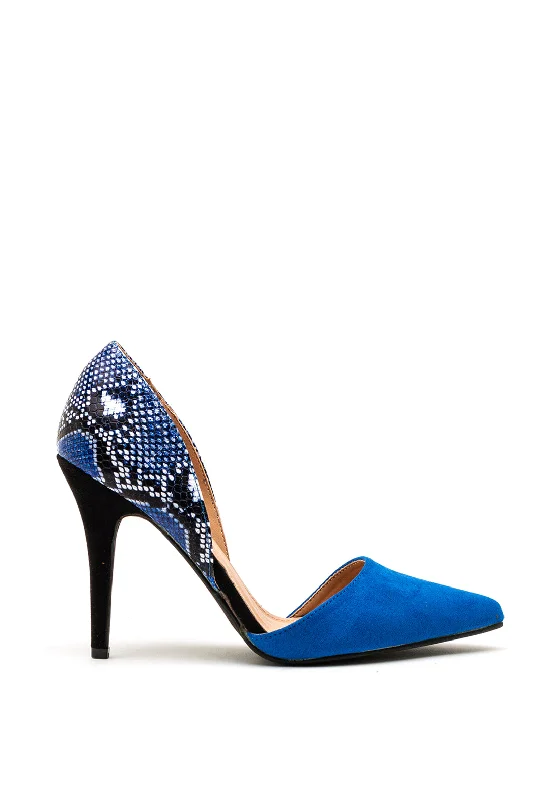 Versatile Heeled Sandals for Any Occasion---Zen Collection Snake Pointed Court Shoes, Blue