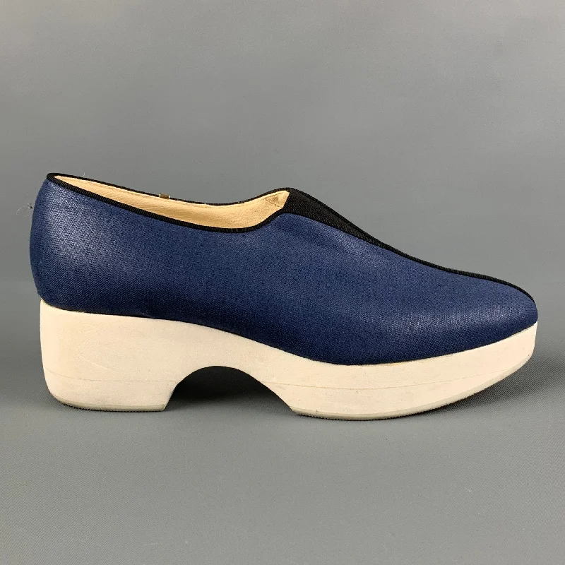 Stylish Platform Heels for Extra Height--ZOE LEE Size 7.5 Black & Blue Fabric Color Block Platform Pumps