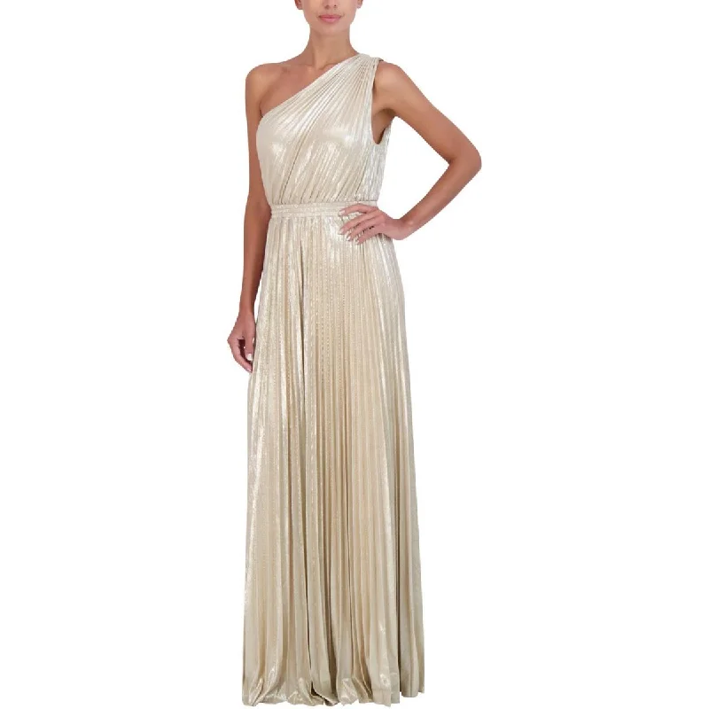 Versatile Heeled Sandals for Any Occasion---BCBG Max Azria Women's Metallic Pleated One Shoulder Gown