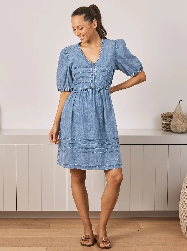 Denim dress with front slit styling--Livie Reversible Maternity Denim Dress