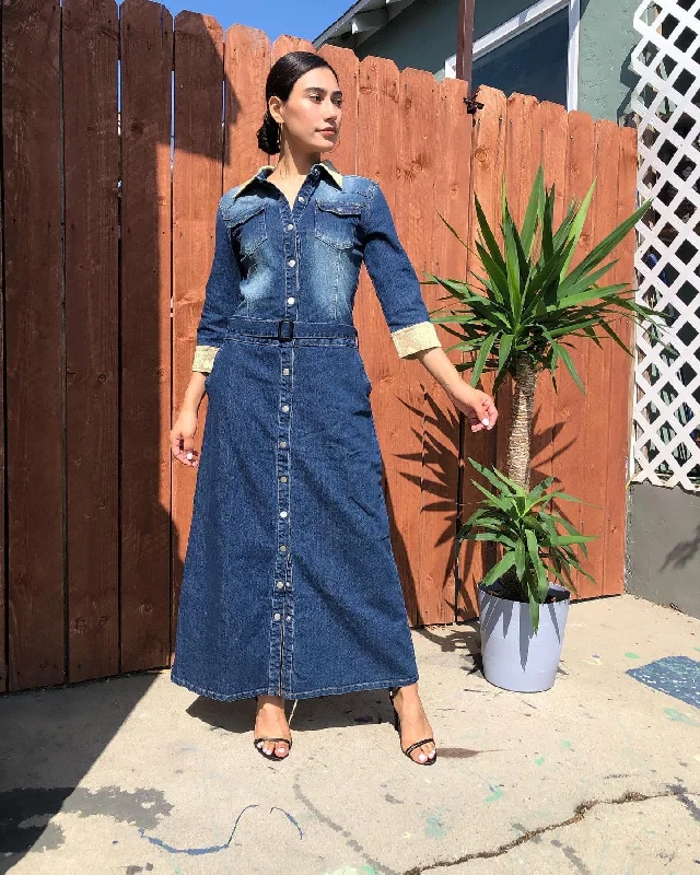 Denim dress with embroidery patchwork--Button Front Belted Denim Dress