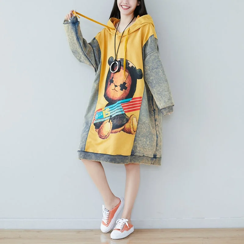 How to style denim dress for winter--Contrast Cartoon Print Hooded Knitted Denim Dress How to style denim dress for winter--Contrast Cartoon Print Hooded Knitted Denim Dress