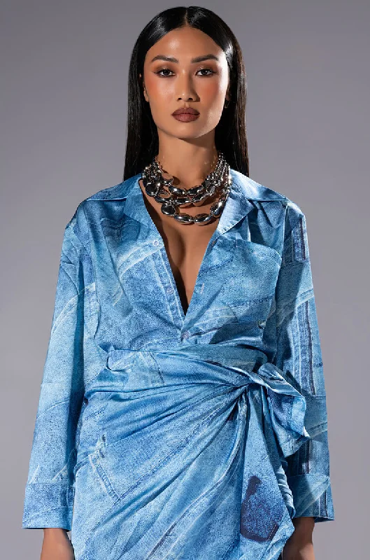 Denim dress with tiered ruffle skirt--CALL IT WHAT YOU WANT FAUX DENIM DRESS