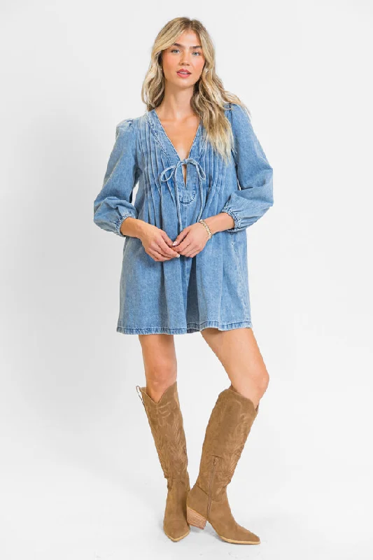 Denim dress with contrast piping--Look fit what if styling-Denim Darling Long Sleeve Tie Front Dress Denim dress with contrast piping--Look fit what if styling-Denim Darling Long Sleeve Tie Front Dress