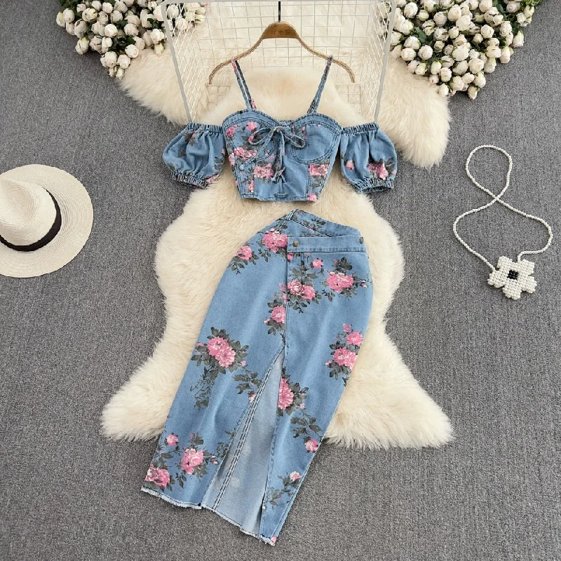 Denim dress with contrast stitching--What new stylish styling-Mimi Denim Floral Co-ord Set