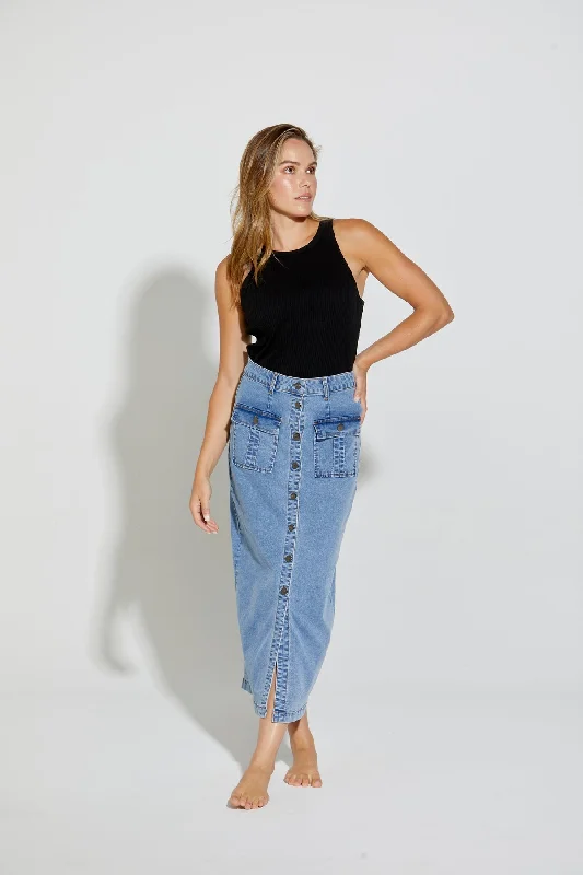 Women's flared denim skirts for boho look -New London Jeans - Ginsberg Midi Button Skirt Women's flared denim skirts for boho look -New London Jeans - Ginsberg Midi Button Skirt