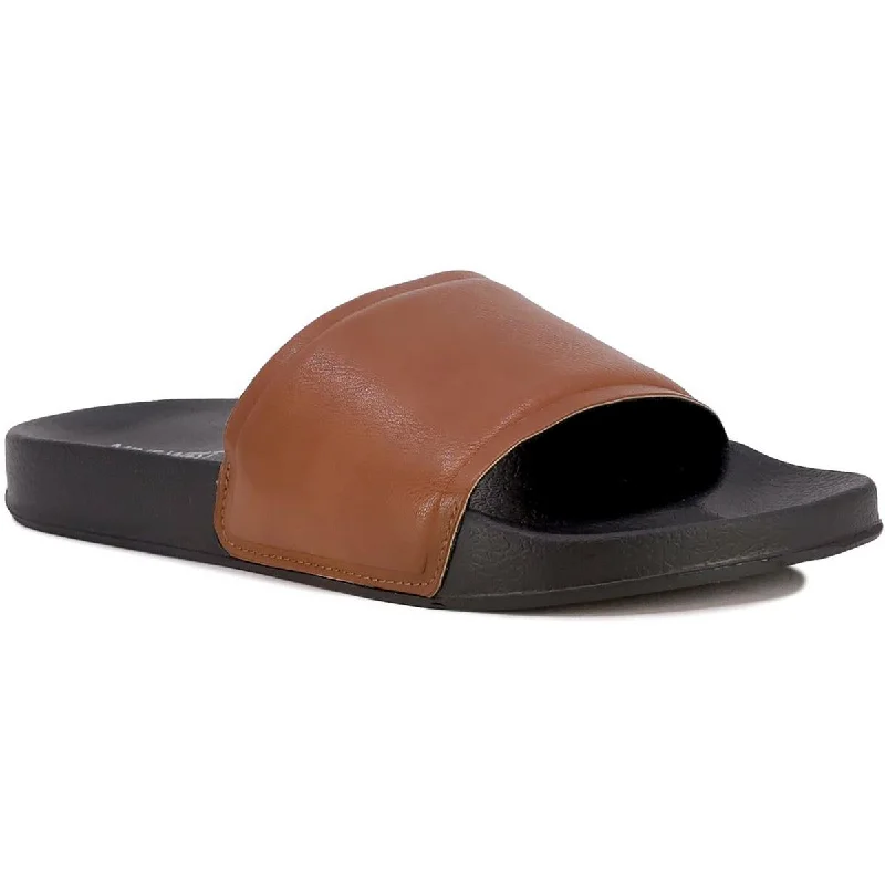 Nine West Mens Tiago Faux Leather Pool Slides---Comfortable Leather Pumps for Office and Everyday Wear