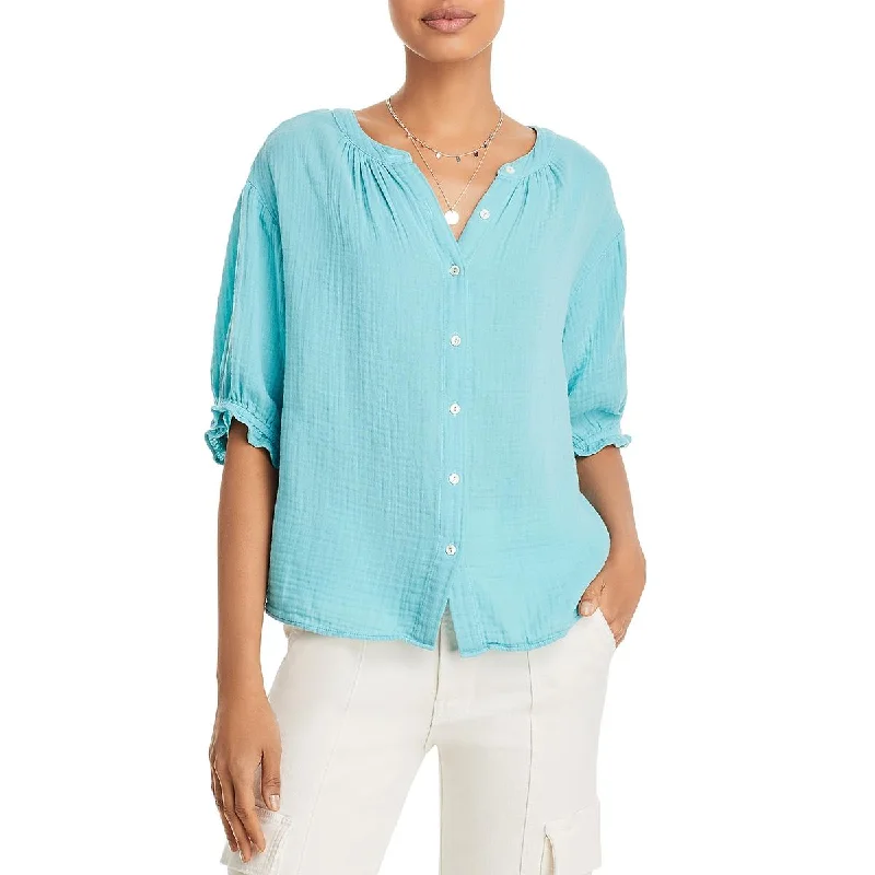 VELVET BY GRAHAM & SPENCER Womens 100% Cotton Elbow Sleeves Button-Down Top---Charming Bow Pumps for a Cute and Stylish Look