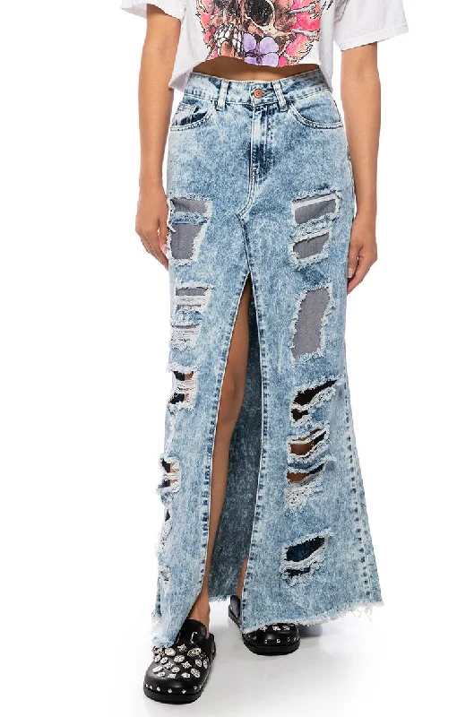 Women's high-rise denim skirts for modern style -YOUR NEW FAVORITE DISTRESSED FLARED JEAN MIDI SKIRT Women's high-rise denim skirts for modern style -YOUR NEW FAVORITE DISTRESSED FLARED JEAN MIDI SKIRT